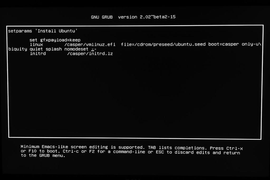 nomodeset added to the boot options during Linux installation.