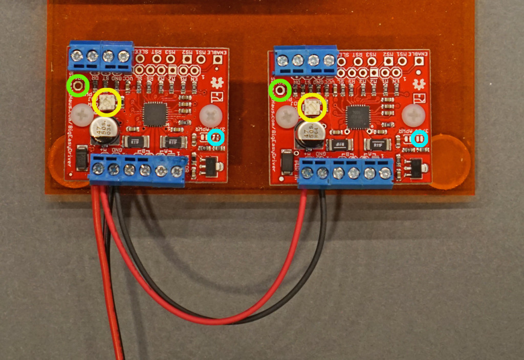 Big easy driver power connections, +3.3/5V selection pads (blue), Vref test point (green), and current setting pot (yellow).