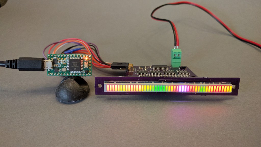 A Teensy 3.2 driving a SparkFun 48-segment RGB LED bar graph display using the hardware built in a previous post.