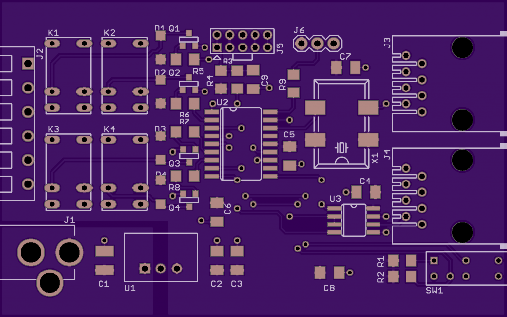 OSHPark render of the top of the DMX relay controller board.