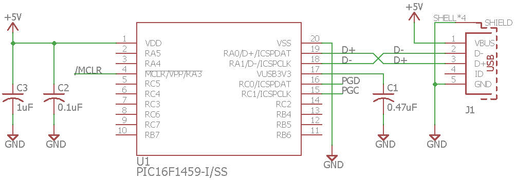 Minimal PIC16F1459 schematic for USB 2.0 operation.