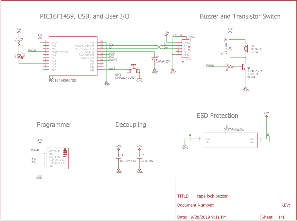 Updated schematic. The U2, SW1, R2, and USER1 LED are new to this version of the design.