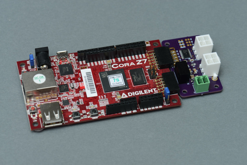 Digilent Cora Z7 FPGA board with a custom PMOD board to interface the FPGA to the iColor Flex strings.