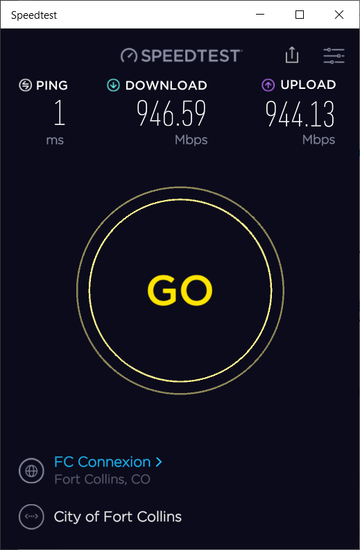 The very first speed test that I ran using my router and desktop PC over a wired connection.