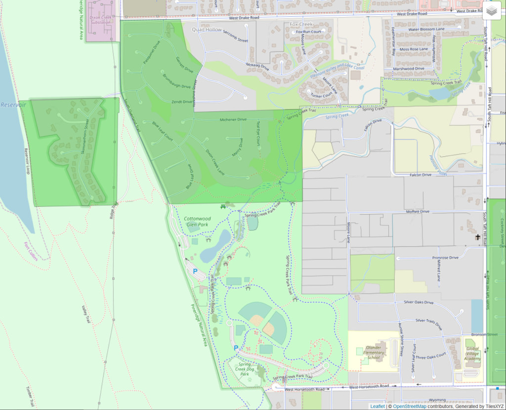 My best estimate of where service went live in Quail Hollow based on door flyers, new utility locates, and reports from friends. (dark green--light green is open space and parks).