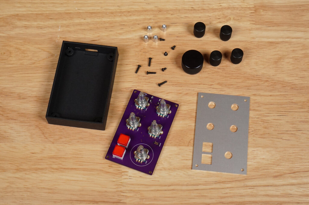 All the parts required to assemble the USB knob box.