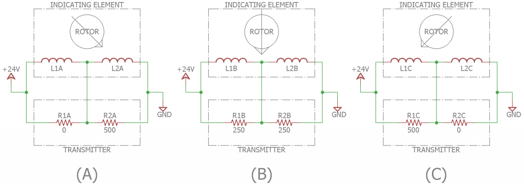 Three different positions of the wiper on R1. R1 has been split into R1 and R2 on this schematic.