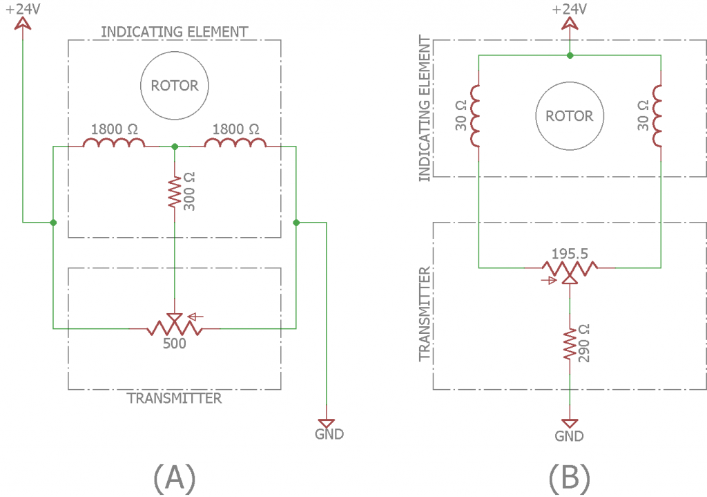 (A) is a simplified schematic of the two-wire Selsyn system. (B) is a simplified schematic of the AN Selsyn system. Eagle PCB does not support components at angles so pay no attention to the relative angles and positions of the coils and rotors.