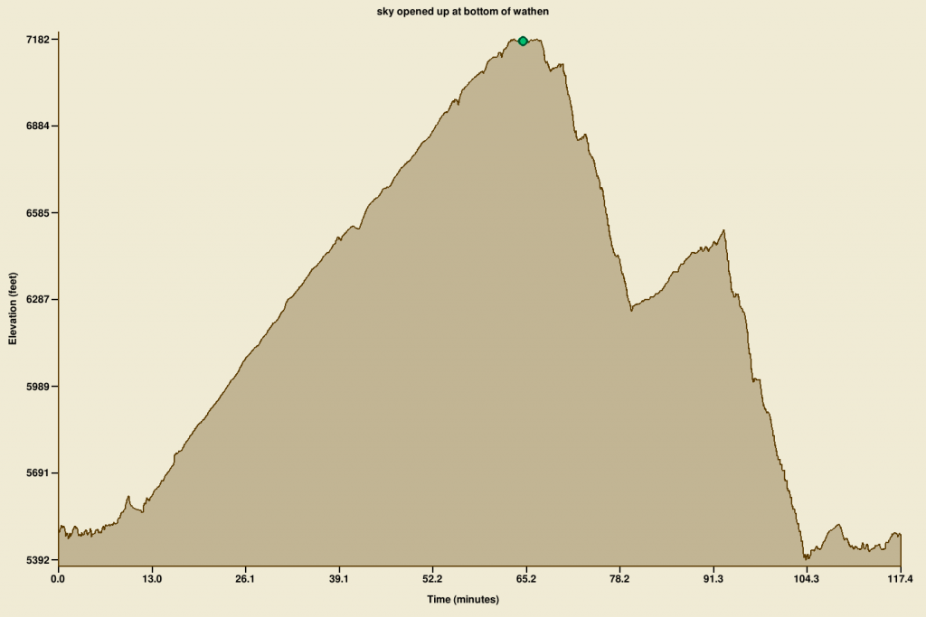 Elevation profile for a recent mountain bike ride. The green circle at the top is me waiting to start the descent.