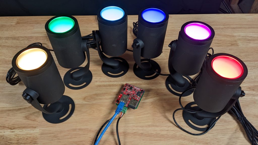 The six spotlights connected to my WLED controller. The light data is being sent over the network from some software that supports 5 channel, 16-bit per channel fixtures.