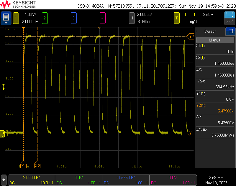Scope trace with the first light set to 100% red. 685 kHz, 5 V logic levels and 8 bits per channel. 