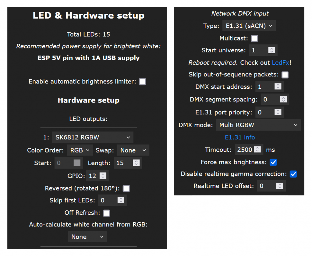 Key parameters in the LED Preferences configuration pane on the left and key parameters in the Sync Interface configuration pane on the right.