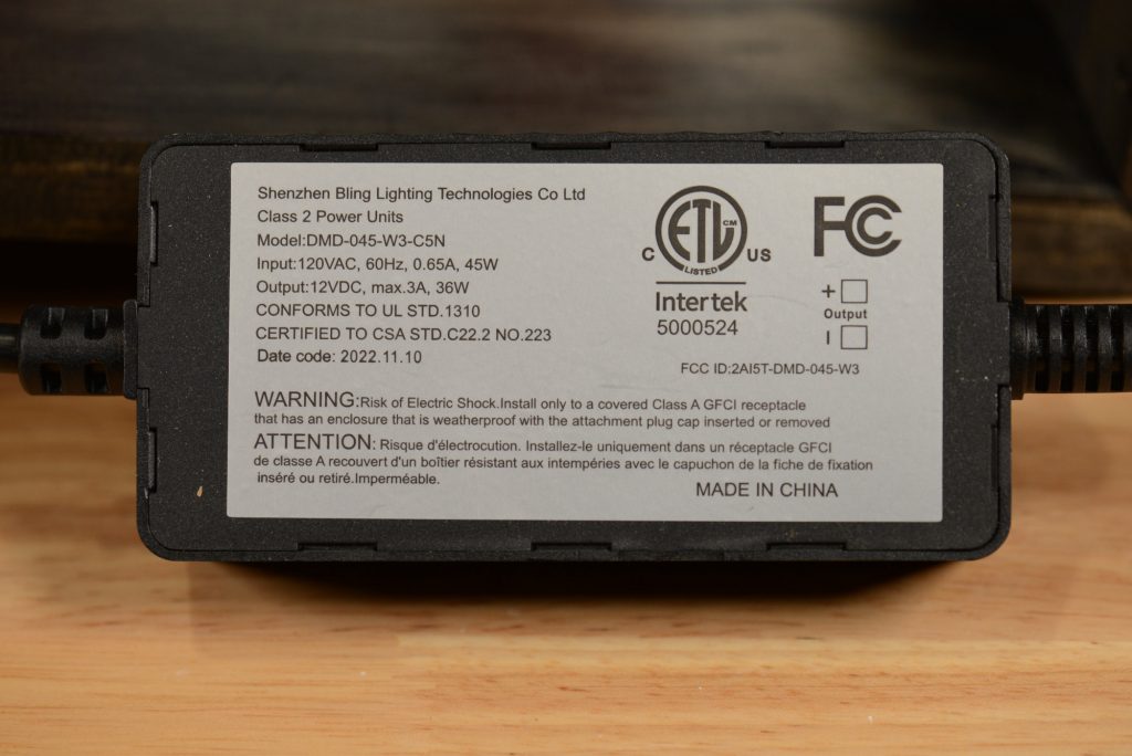 Manufacturer's label on the back of the power supply / controller.
