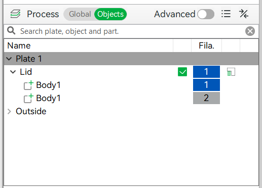 Click the Objects button next to the Process label to display a list of objects in the design and assign a filament slot to each.