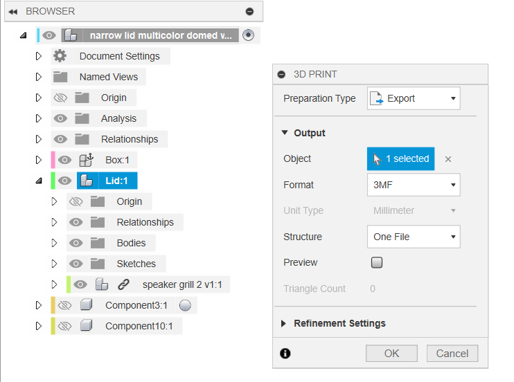 Example of exporting a component consisting of multiple bodies from Fusion for multicolored printing in the Bambu slicer.