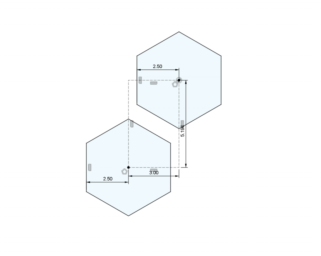 The centers of the two hexagons are located on the hypotenuse of a 30-60-90 triangle with a length of 6 mm.